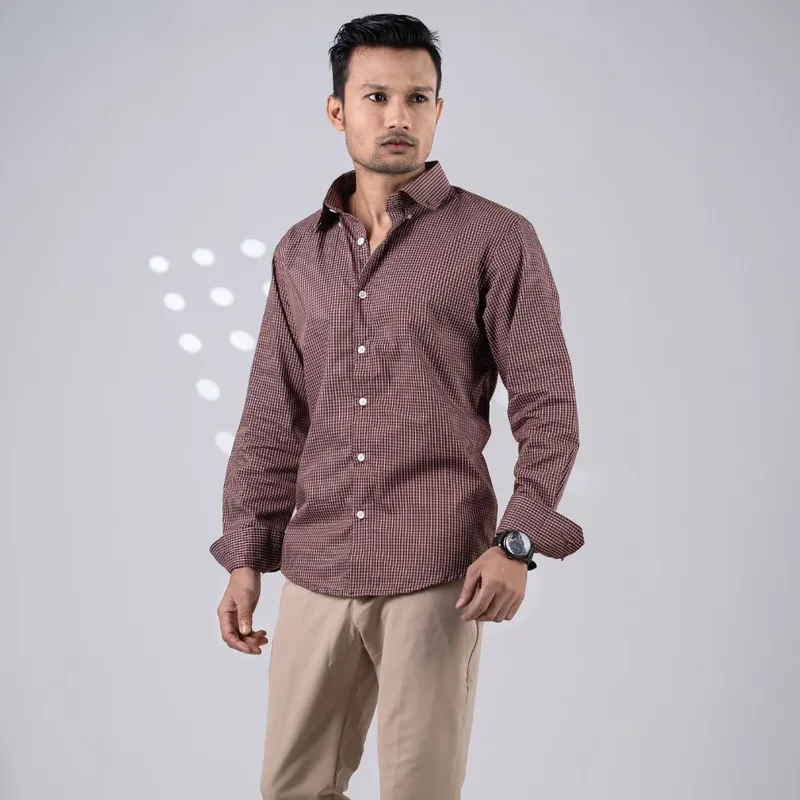 Brown Mini Check Shirt for Men – Premium Full Sleeve Shirt